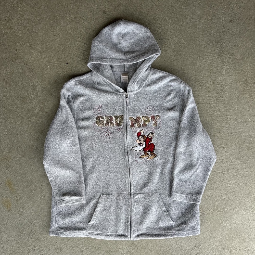 Vintage Y2K Disney Grumpy Dwarf Grey Fleece Hoodie Snow White Sweatshirt 2X